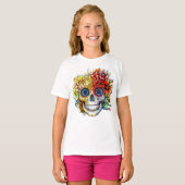 Dag van de Dode Catrina Calavera met bloemen T-shirt (Voorkant volledig)