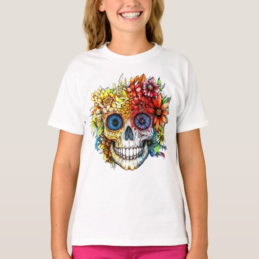 Dag van de Dode Catrina Calavera met bloemen T-shirt (Voorkant)