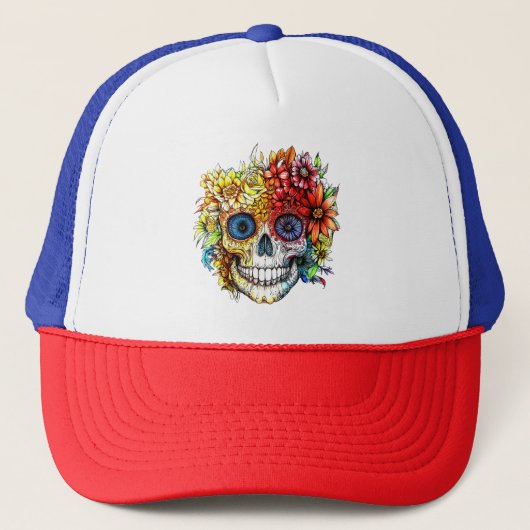 Dag van de Dode Catrina Calavera met bloemen Trucker Pet (Voorkant)