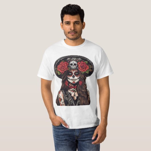 Dag van de Dode Catrina met Rozen T-shirt (Voorkant volledig)