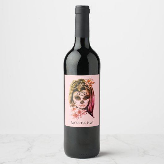 Dag van de Dode Catrina Skelet Face Party Wijn Etiket (Voorkant)