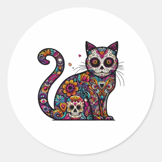 Dag van de Dode Cinco de Mayo Kat Suikerschedel Di Ronde Sticker (Voorkant)