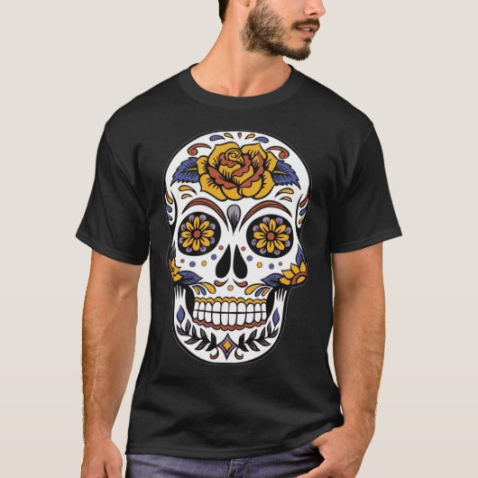 Dag van de Dode Dia De Muertos bloemsuiker Schedel T-shirt (Voorkant)