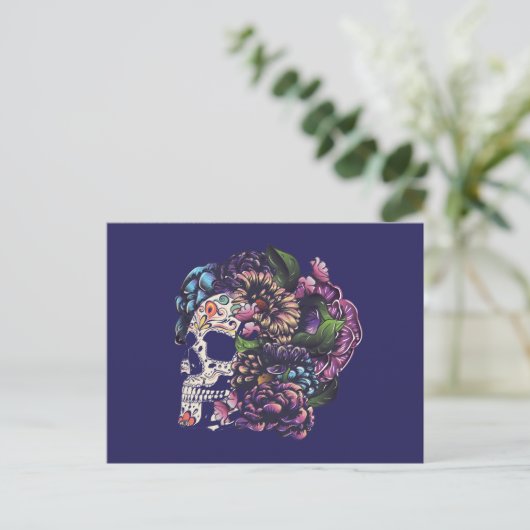 Dag van de dode florale suikerschedel met bloemen briefkaart (Staand voorkant)