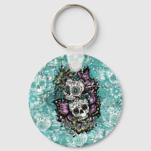 Dag van de dode florale vlinderschedels. sleutelhanger