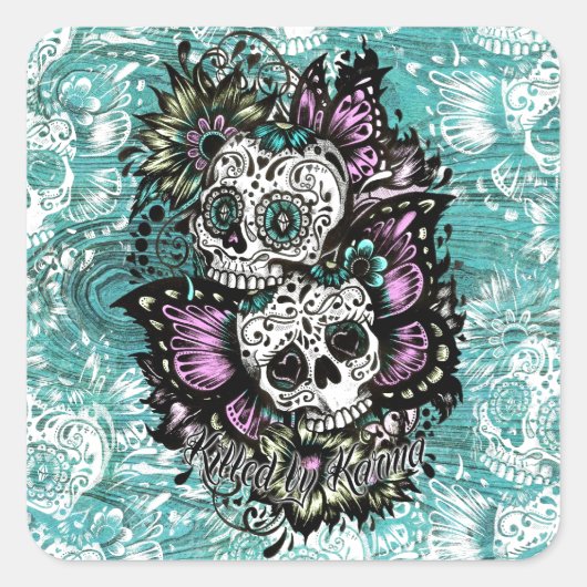 Dag van de dode florale vlinderschedels. vierkante sticker (Voorkant)