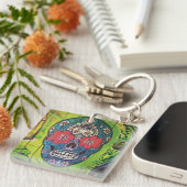 Dag van de dode funky Blue en Green Sugar Skull K Sleutelhanger (Voorkant Rechts)