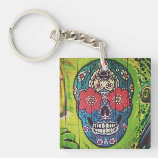 Dag van de dode funky Blue en Green Sugar Skull K Sleutelhanger (Voorkant)