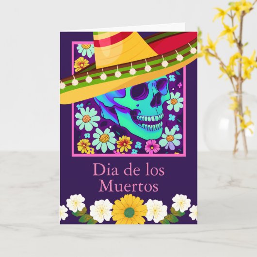 Dag van de Dode Groeten Schedel Bloemen Kaart (Gele Bloem)