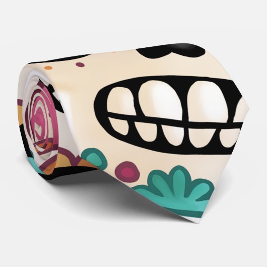 Dag van de Dode Grote Suikerschedels & Bloemen Zwa Stropdas (Opgerold)