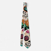 Dag van de Dode Grote Suikerschedels & Bloemen Zwa Stropdas (Achterkant)