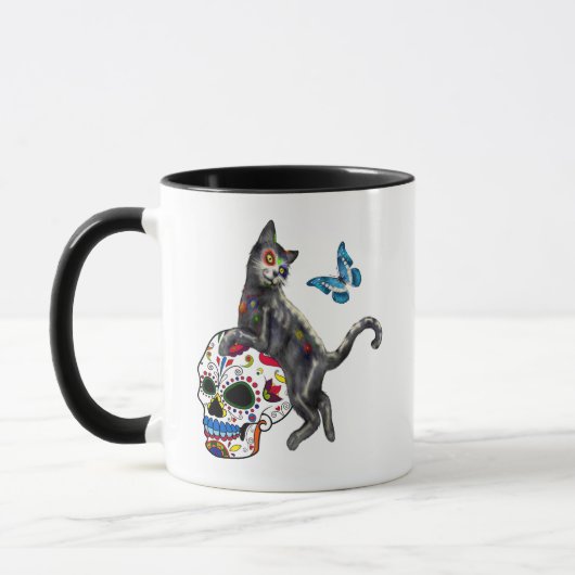 Dag Van De Dode Kat Suikerdodendansschedel En Vlin Mok (Links)