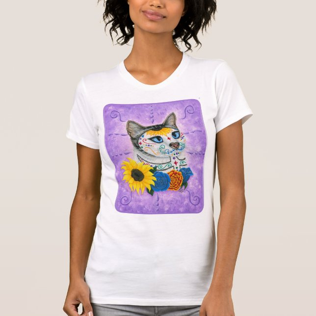 Dag van de dode kat Zonnebloemen Suiker schedel Ka T-shirt (Voorkant)