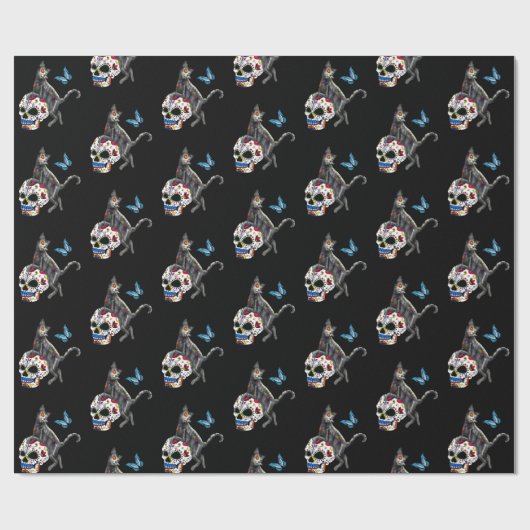 Dag van de dode kattensuikerschedel en vlinder cadeaupapier (Vlak)