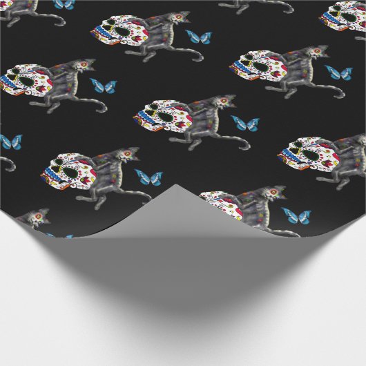 Dag van de dode kattensuikerschedel en vlinder cadeaupapier (Hoek)