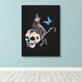 Dag van de dode kattensuikerschedel en vlinder canvas afdruk (Insitu (Houten vloer))