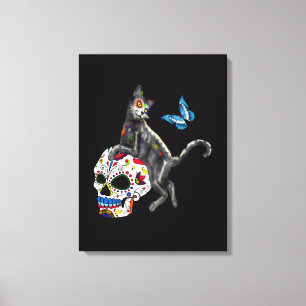 Dag van de dode kattensuikerschedel en vlinder canvas afdruk