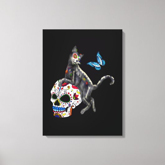 Dag van de dode kattensuikerschedel en vlinder canvas afdruk (Voorkant)