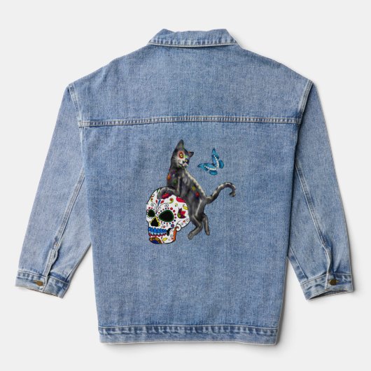 Dag van de dode kattensuikerschedel en vlinder denim jacket (Achterkant)