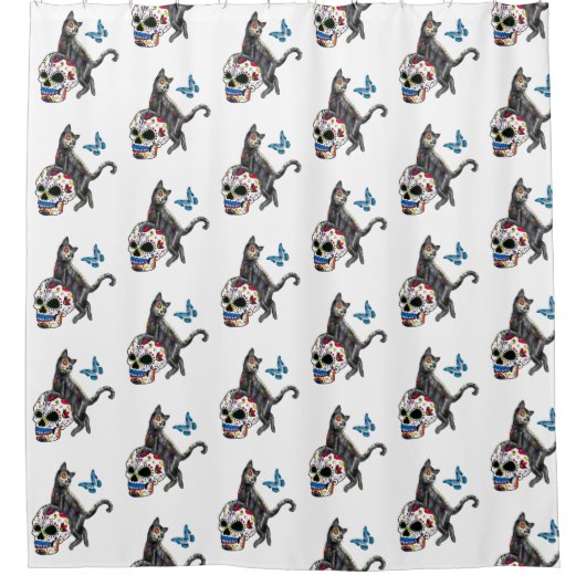 Dag van de dode kattensuikerschedel en vlinder douchegordijn (Voorkant)