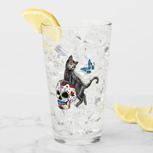 Dag van de dode kattensuikerschedel en vlinder glas (Voorkant ijs)