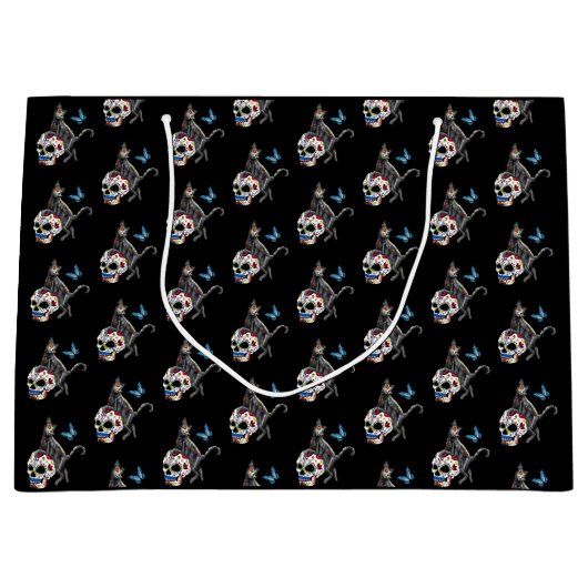 Dag van de dode kattensuikerschedel en vlinder groot cadeauzakje (Voorkant)