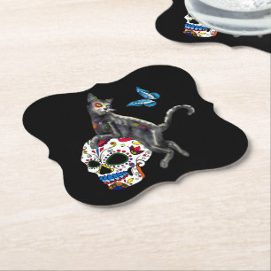 Dag van de dode kattensuikerschedel en vlinder kartonnen onderzetters