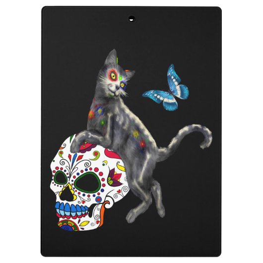 Dag van de dode kattensuikerschedel en vlinder klembord (Achterkant)