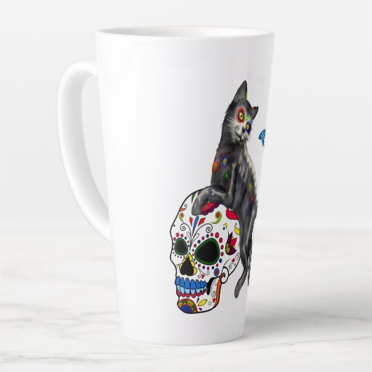 Dag van de dode kattensuikerschedel en vlinder latte mok (Linkerhoek)