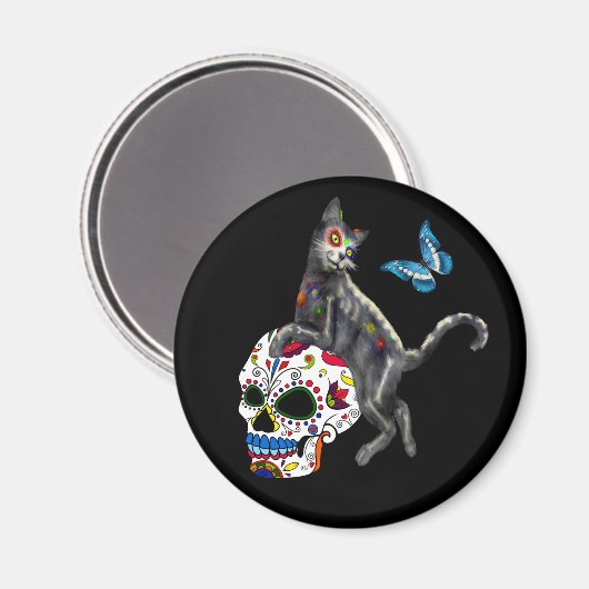Dag van de dode kattensuikerschedel en vlinder magneet (Voorkant / Achterkant)