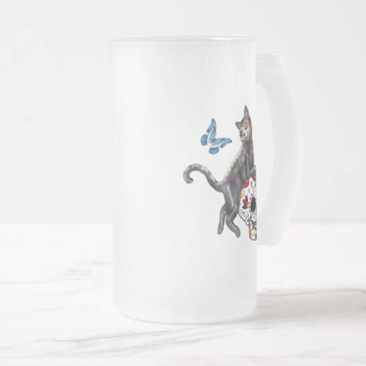 Dag van de dode kattensuikerschedel en vlinder matglas bierpul (Voorkant rechts)