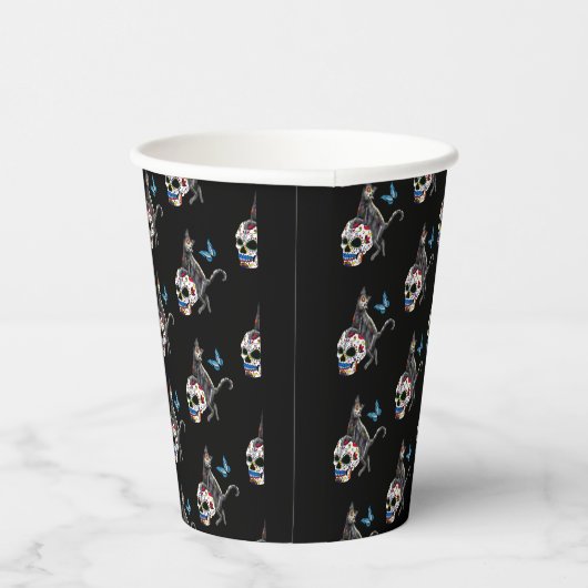 Dag van de dode kattensuikerschedel en vlinder papieren bekers (Rechts)
