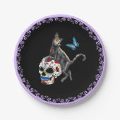 Dag van de dode kattensuikerschedel en vlinder papieren bordje (Voorkant)