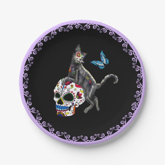 Dag van de dode kattensuikerschedel en vlinder papieren bordje (Voorkant)