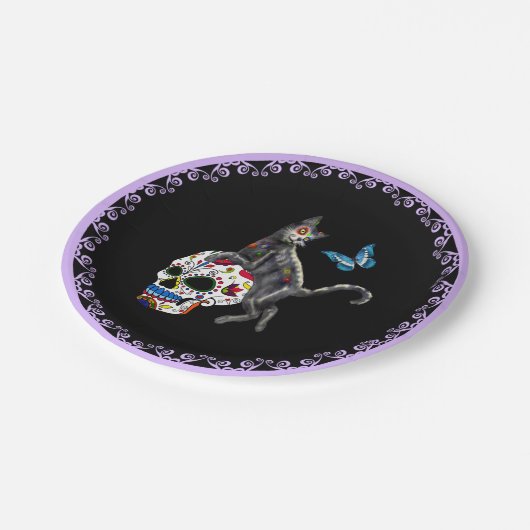 Dag van de dode kattensuikerschedel en vlinder papieren bordje (Gekanteld)