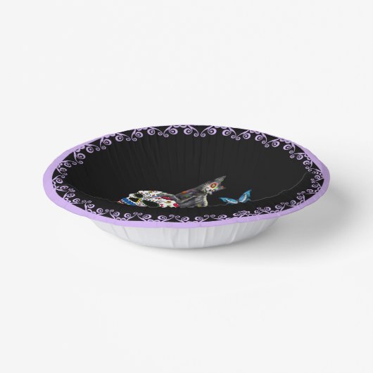 Dag van de dode kattensuikerschedel en vlinder papieren kommen (Gebogen)