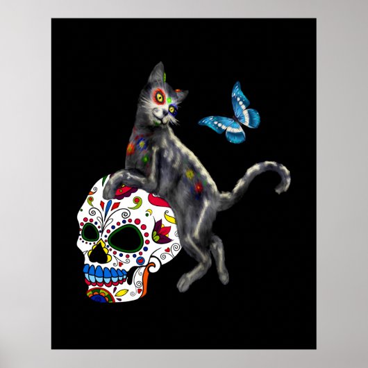 Dag van de dode kattensuikerschedel en vlinder poster (Voorkant)