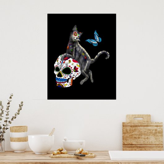 Dag van de dode kattensuikerschedel en vlinder poster (Keuken)