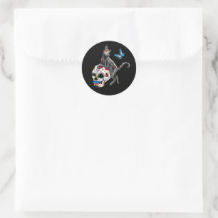 Dag van de dode kattensuikerschedel en vlinder ronde sticker