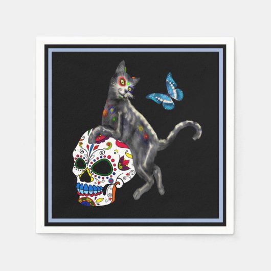 Dag van de dode kattensuikerschedel en vlinder servet (Voorkant)