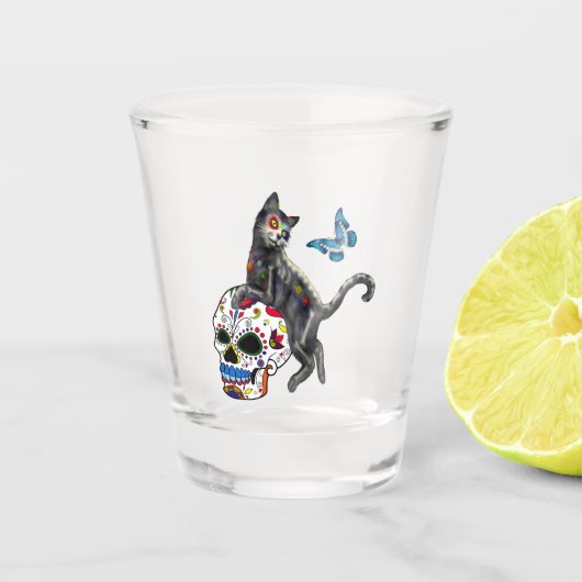 Dag van de dode kattensuikerschedel en vlinder shot glas (Voorkant)