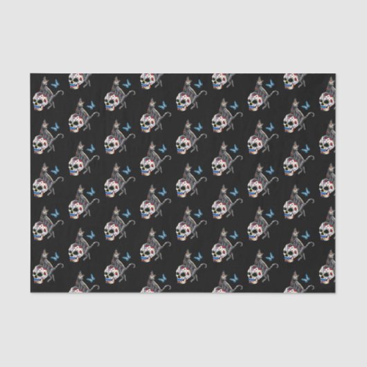 Dag van de dode kattensuikerschedel en vlinder tissuepapier (Voorkant)