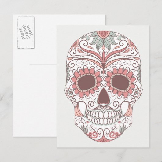 Dag van de Dode Kleurrijke Schedel met Bloemen Briefkaart (Voorkant / Achterkant)