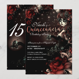 Dag van de Dode Meisje Rood Zwart Quinceañera Fees Kaart