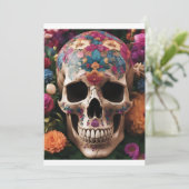 Dag van de Dode Metallic Schedel met Bloemen Kaart (Staand voorkant)