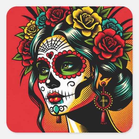 Dag van de dode Mexicaanse Catrina Rozen Vierkante Sticker (Voorkant)