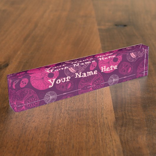 Dag van de dode mozaïekkunst roze en Paars Naambordje (Zijkant)