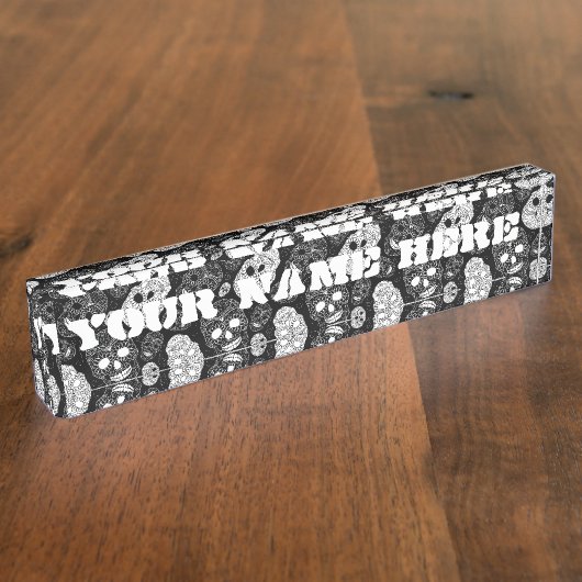 Dag van de dode mozaïekkunst zwart-wit naambordje (Zijkant)