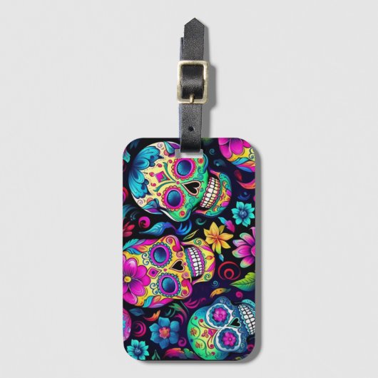 Dag van de Dode Neon Sugar Skulls Bagagelabel (Voorkant (verticaal))