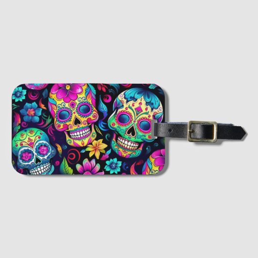 Dag van de Dode Neon Sugar Skulls Bagagelabel (Voorkant (horizontaal))